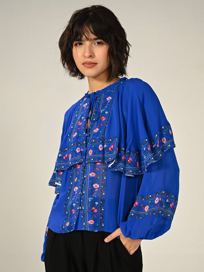 Tory Blue Floral Cape Blouse