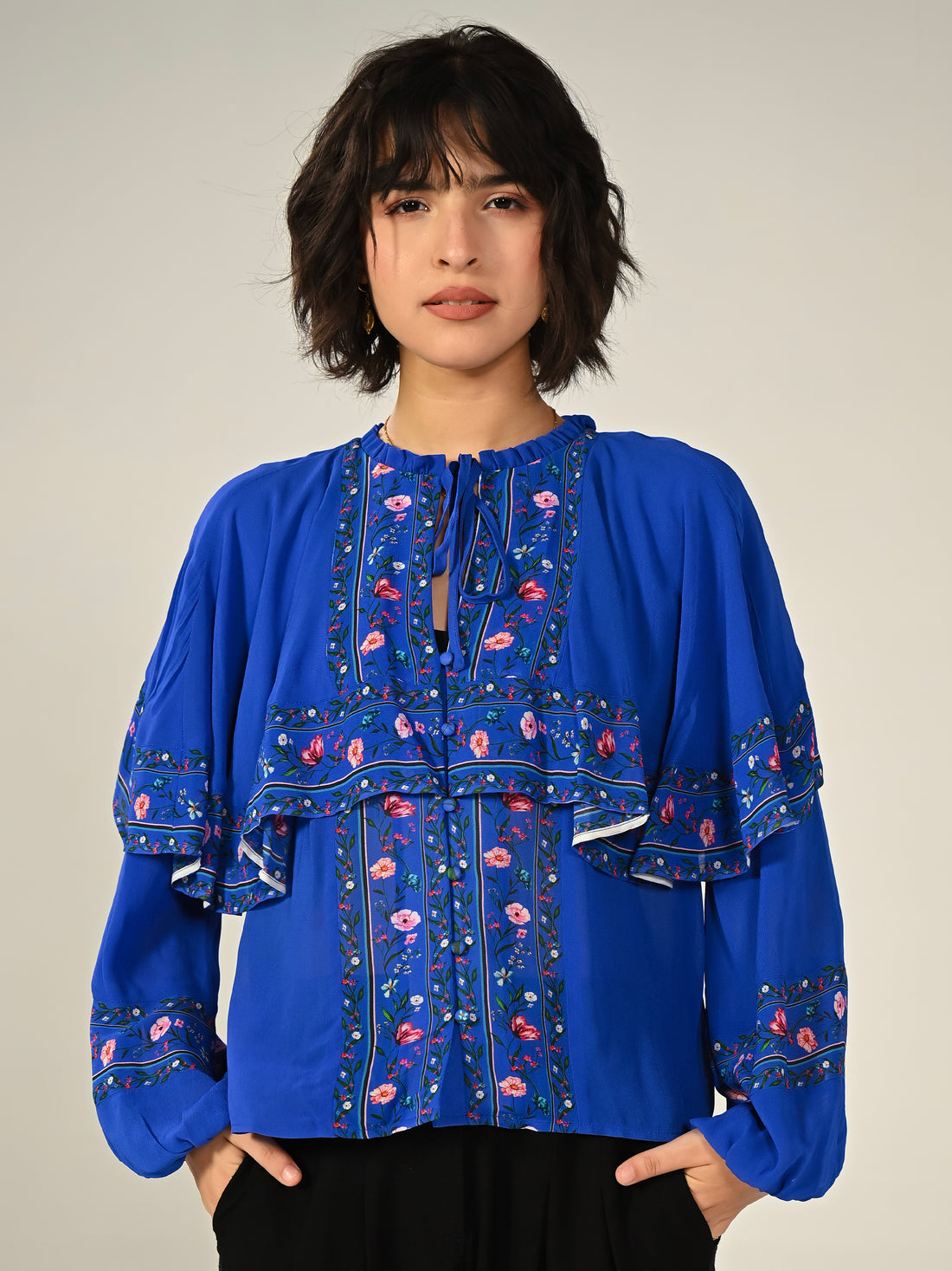 Tory Blue Floral Cape Blouse