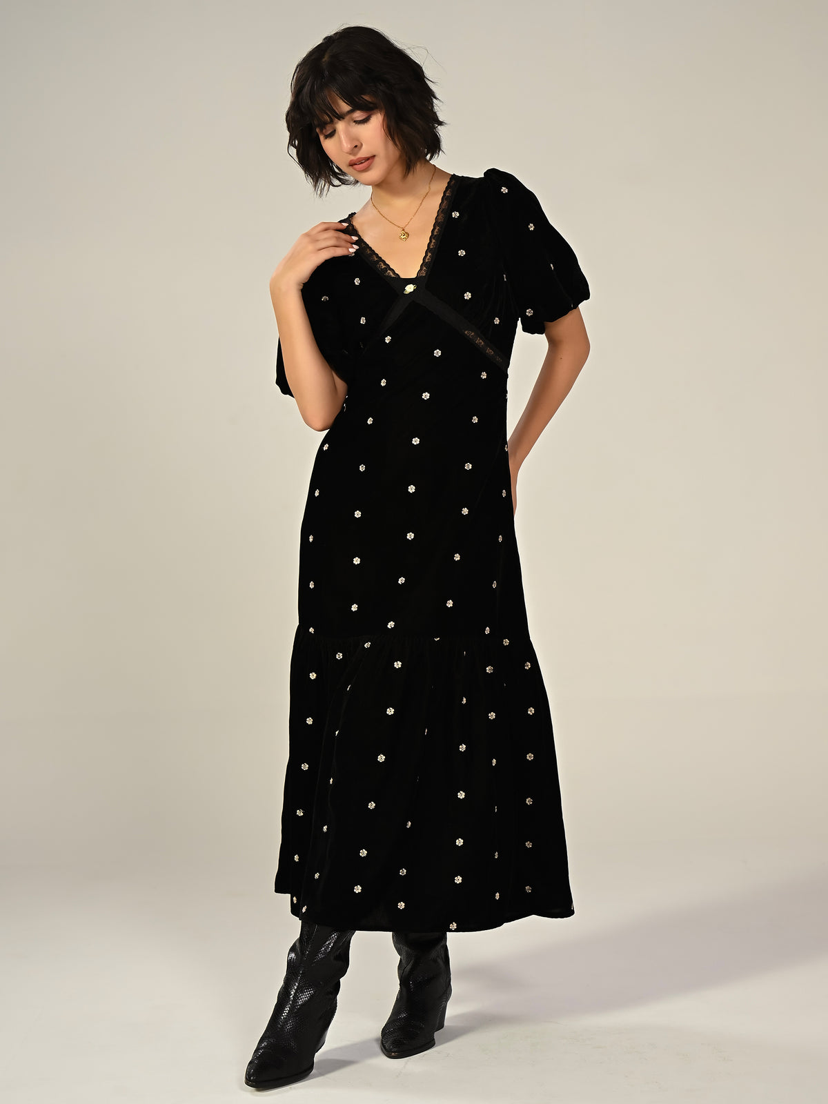 Molly Black Lace Embroidered Velvet Midi Dress