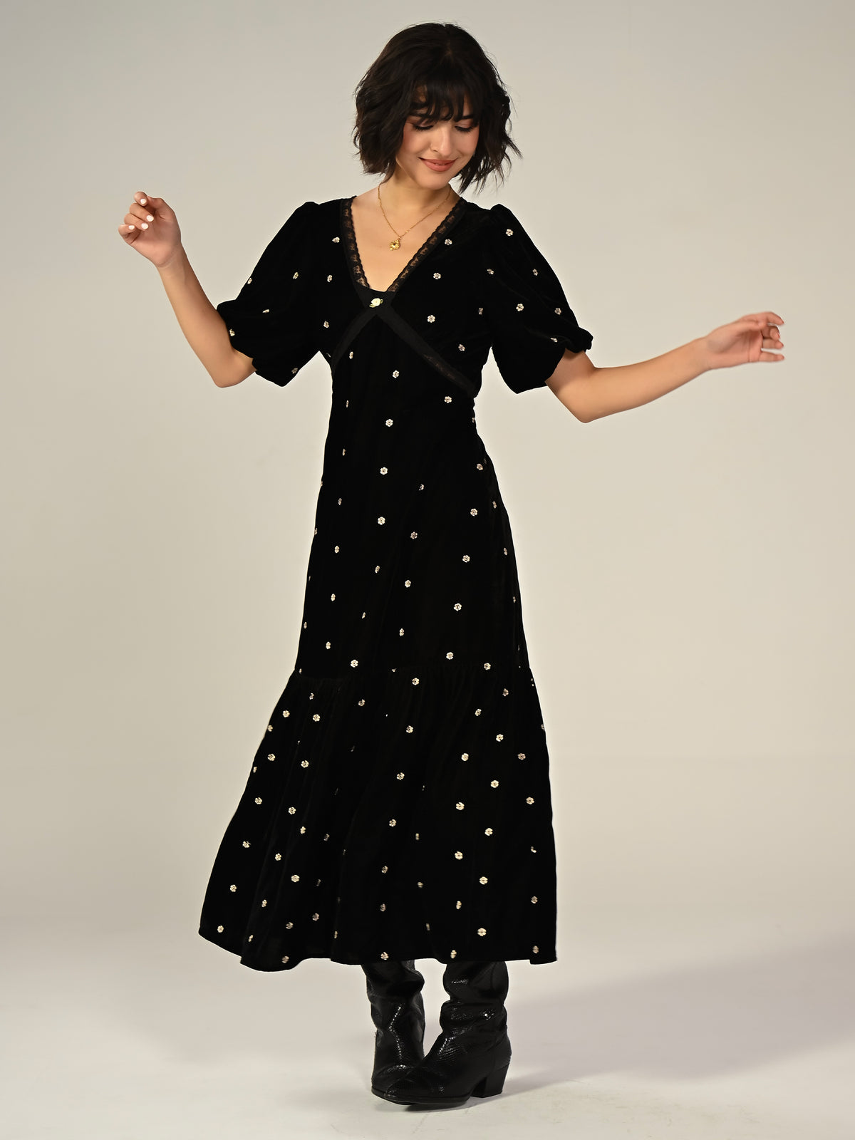 Molly Black Lace Embroidered Velvet Midi Dress
