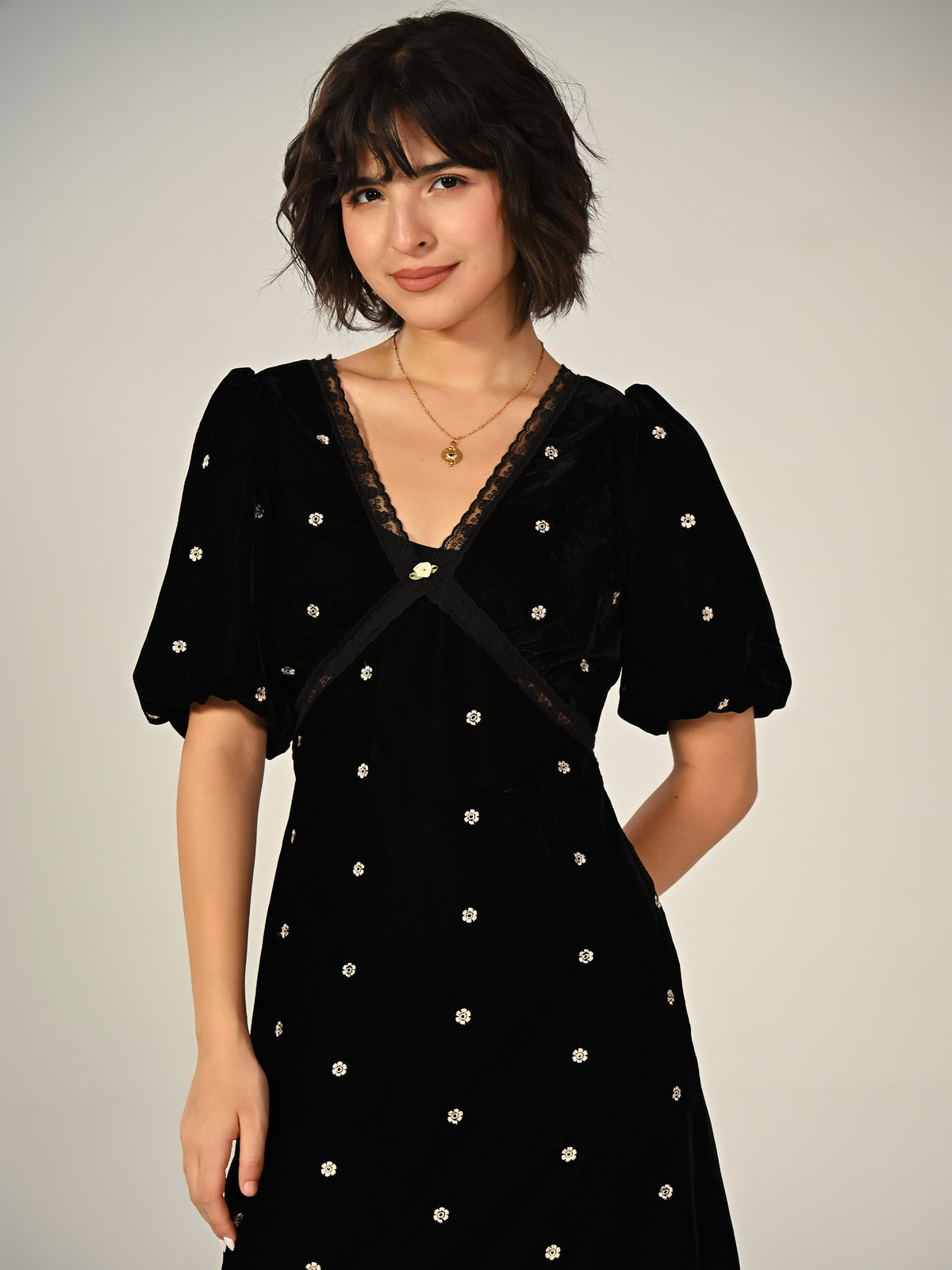 Molly Black Lace Embroidered Velvet Midi Dress