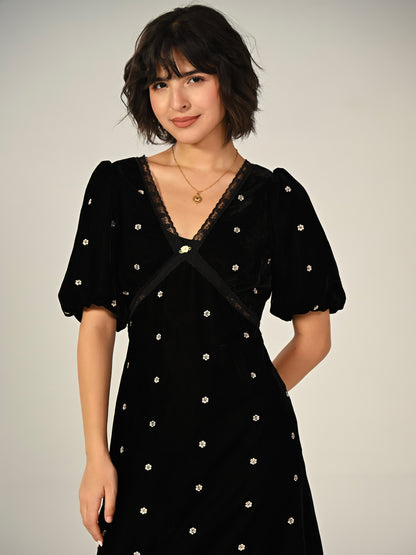 Molly Black Lace Embroidered Velvet Midi Dress