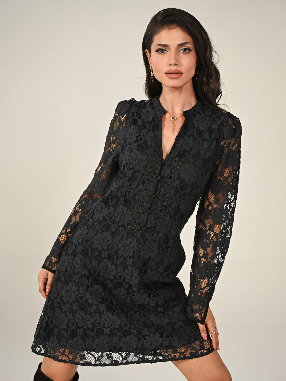 Jessica Black Lace Military Trim Mini Dress