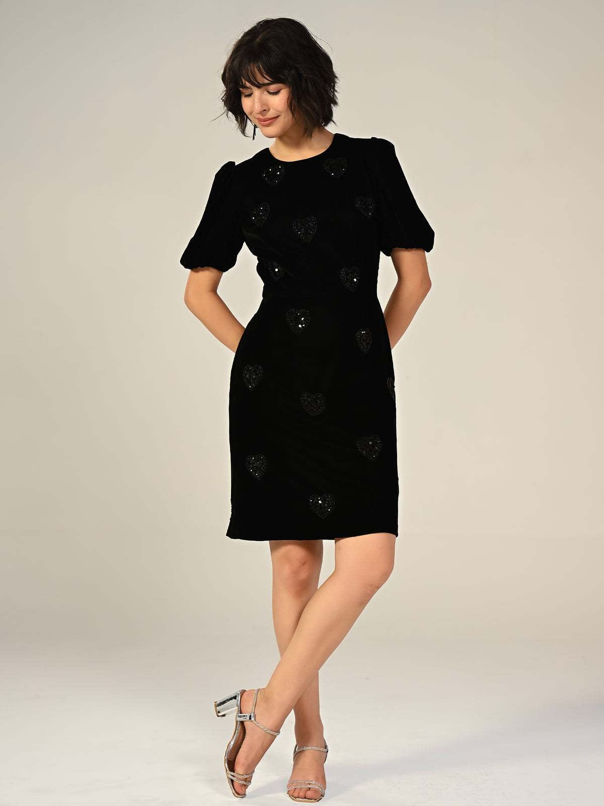 Rosheen Black Velevt Hand Embellished Heart Mini Dress