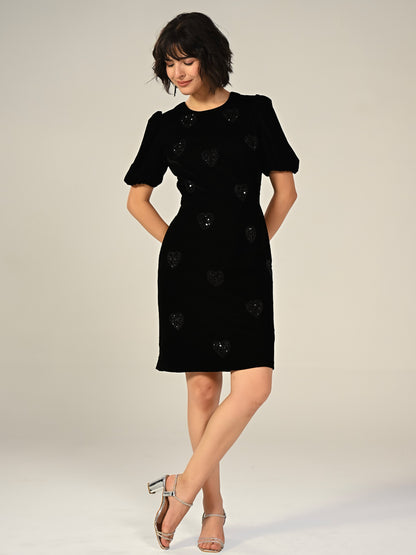 Rosheen Black Velevt Hand Embellished Heart Mini Dress