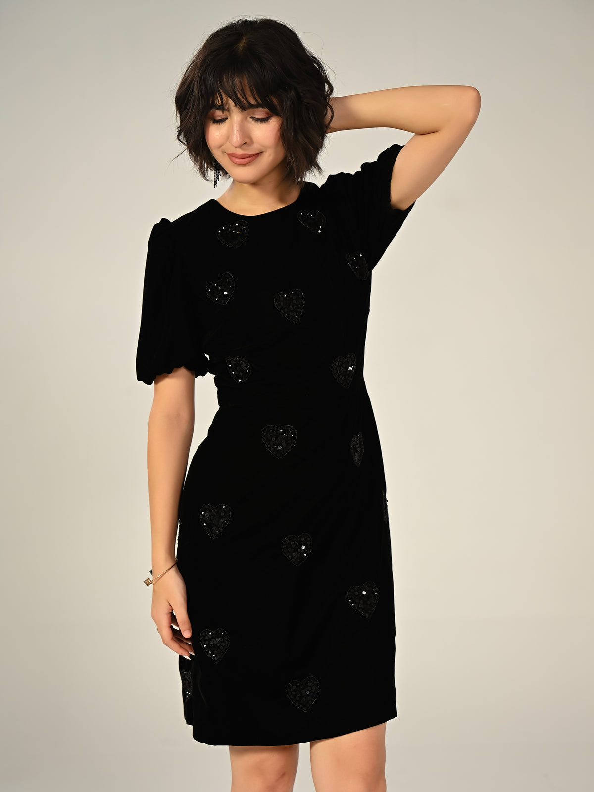 Rosheen Black Velevt Hand Embellished Heart Mini Dress
