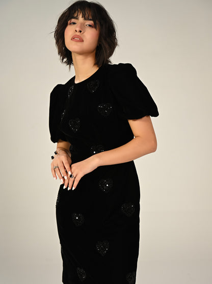 Rosheen Black Velevt Hand Embellished Heart Mini Dress
