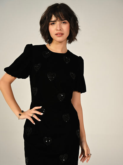 Rosheen Black Velevt Hand Embellished Heart Mini Dress