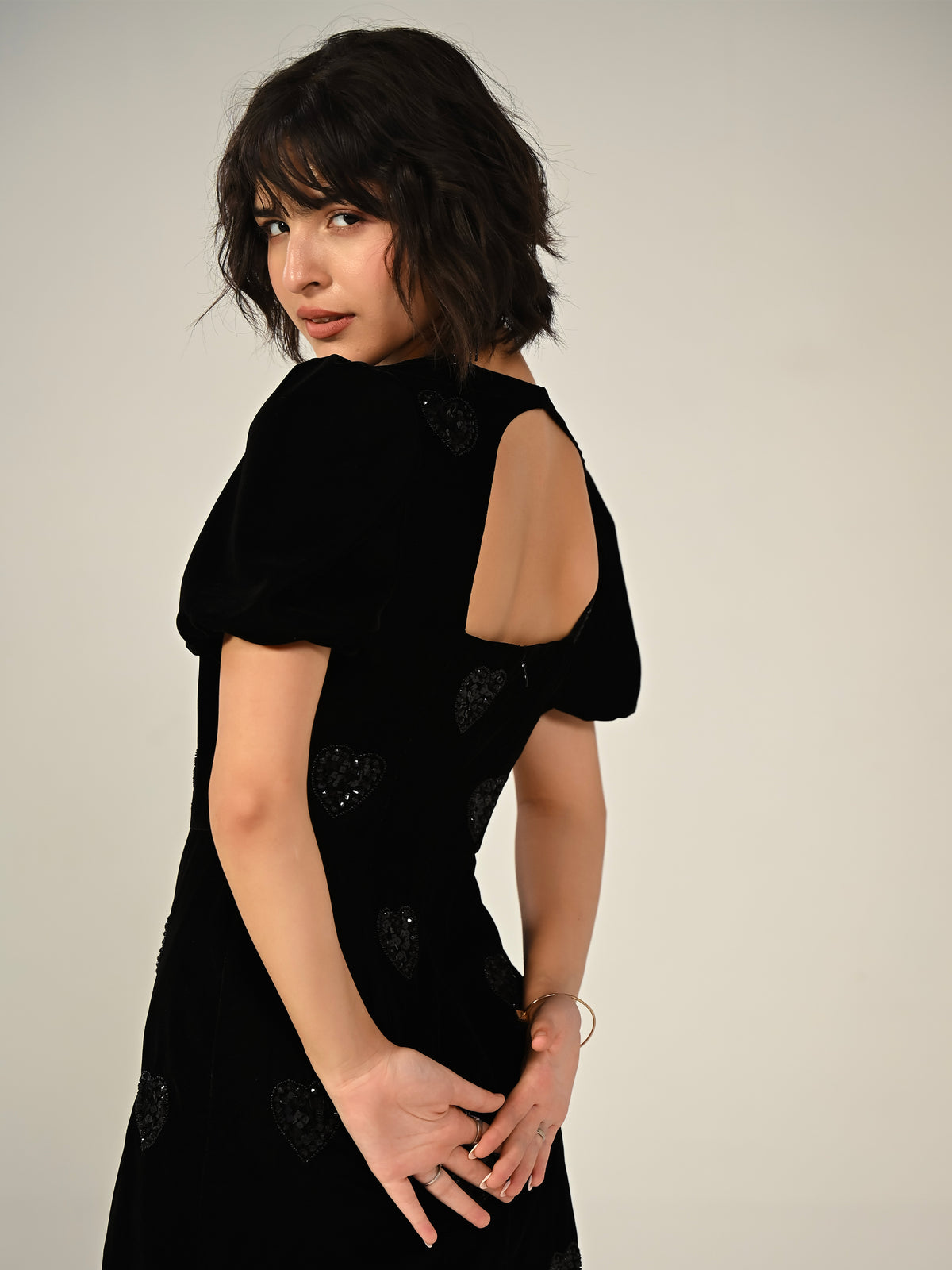 Rosheen Black Velevt Hand Embellished Heart Mini Dress