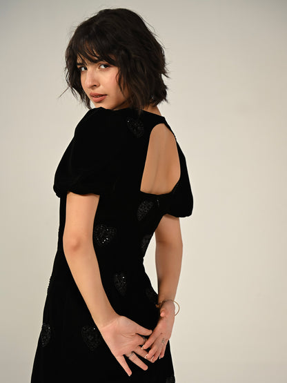 Rosheen Black Velevt Hand Embellished Heart Mini Dress