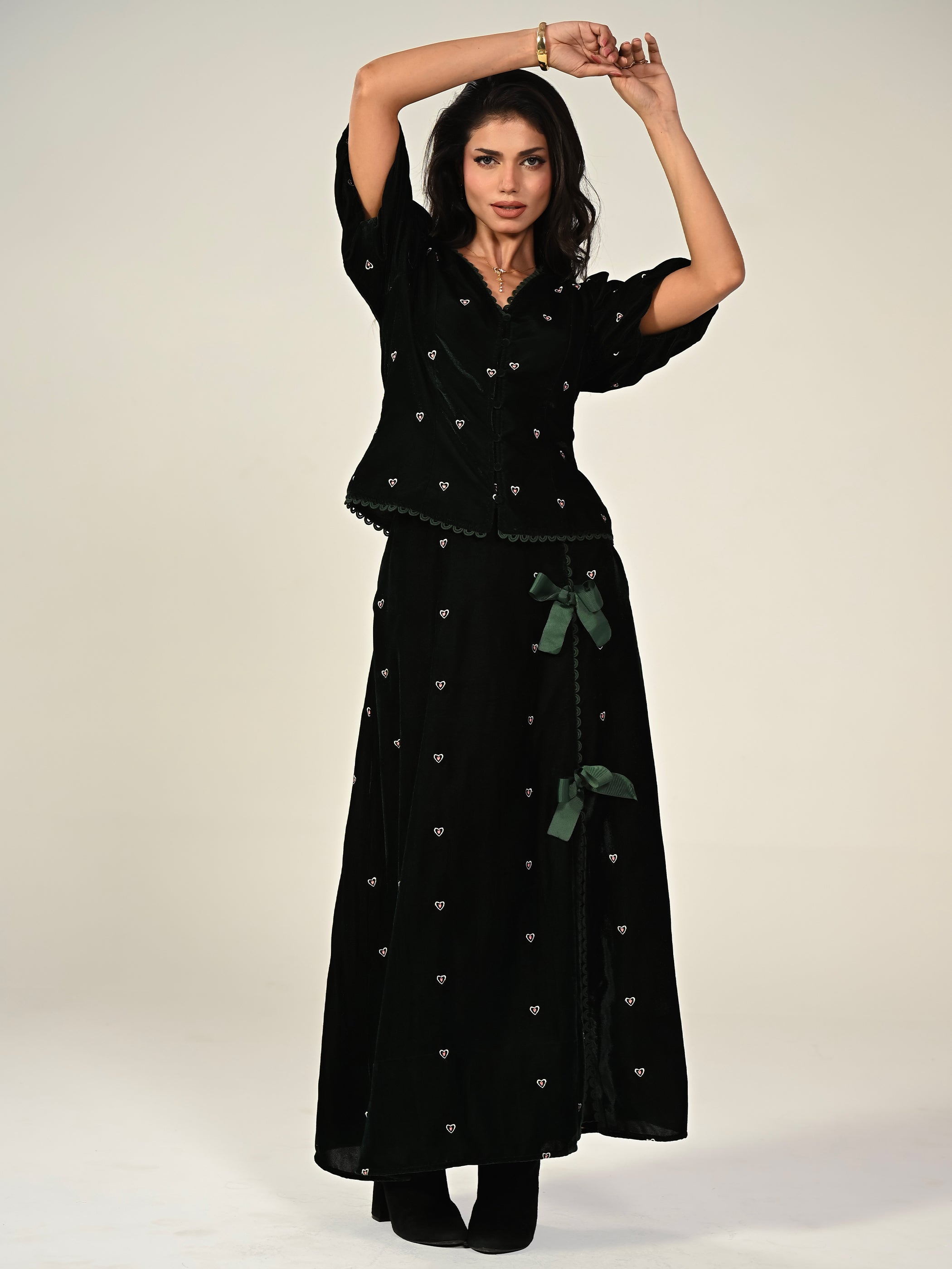Illy Green Embroidered Heart Velvet Top
