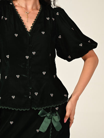 Illy Green Embroidered Heart Velvet Top