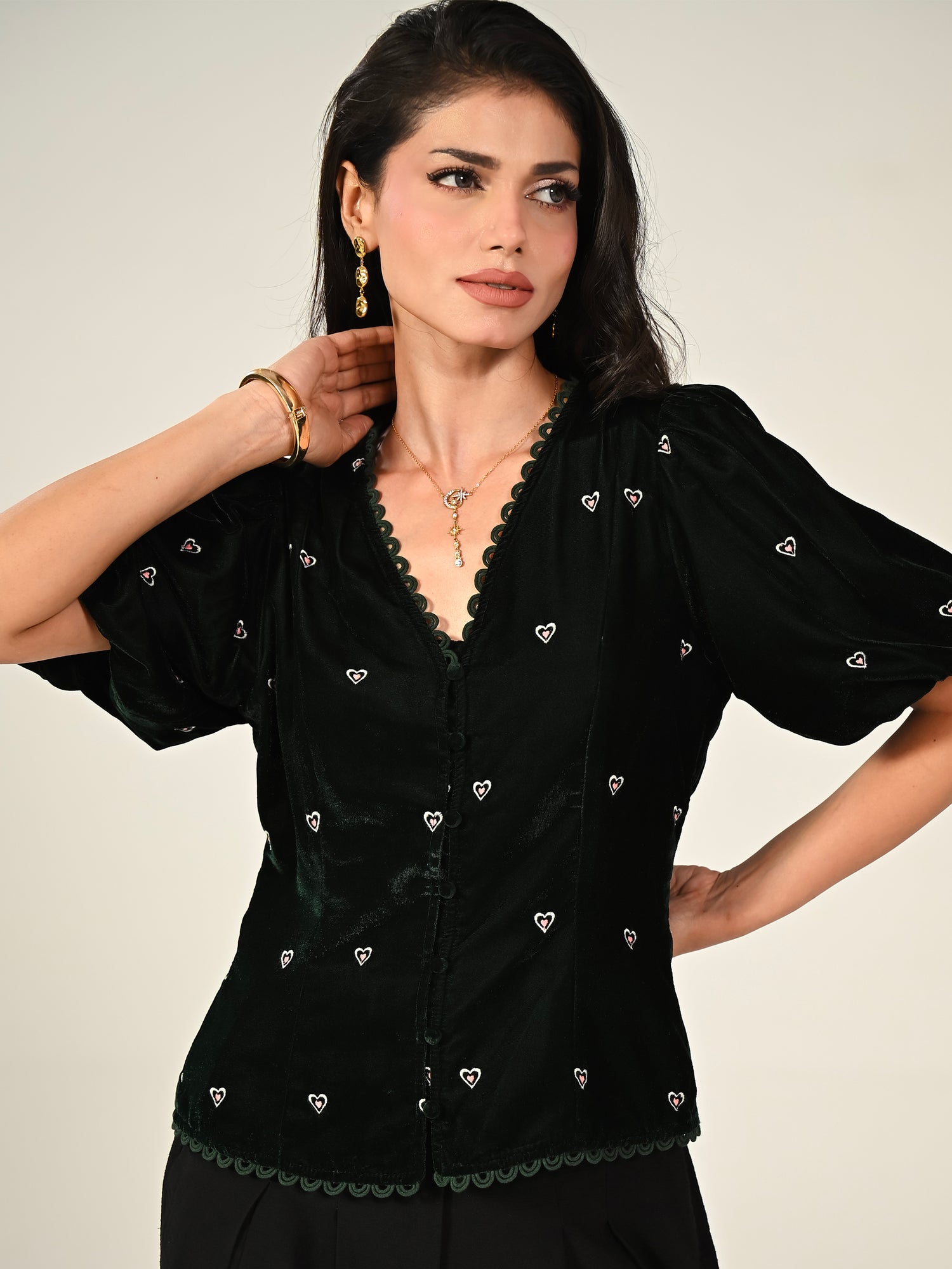 Illy Green Embroidered Heart Velvet Top