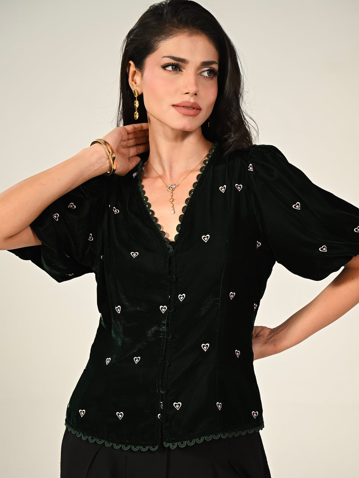 Illy Green Embroidered Heart Velvet Skirt