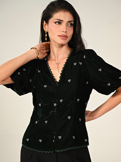 Illy Green Embroidered Heart Velvet Skirt