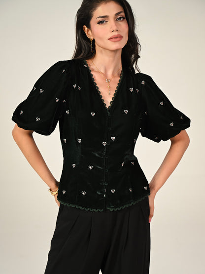 Illy Green Embroidered Heart Velvet Top