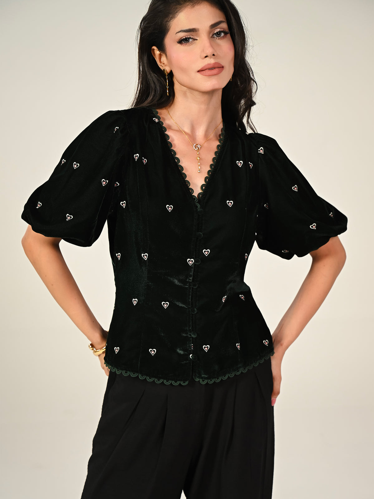 Illy Green Embroidered Heart Velvet Skirt