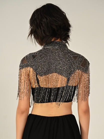 Bonnie Hand Embellished Black Silver Fringe Cape Top