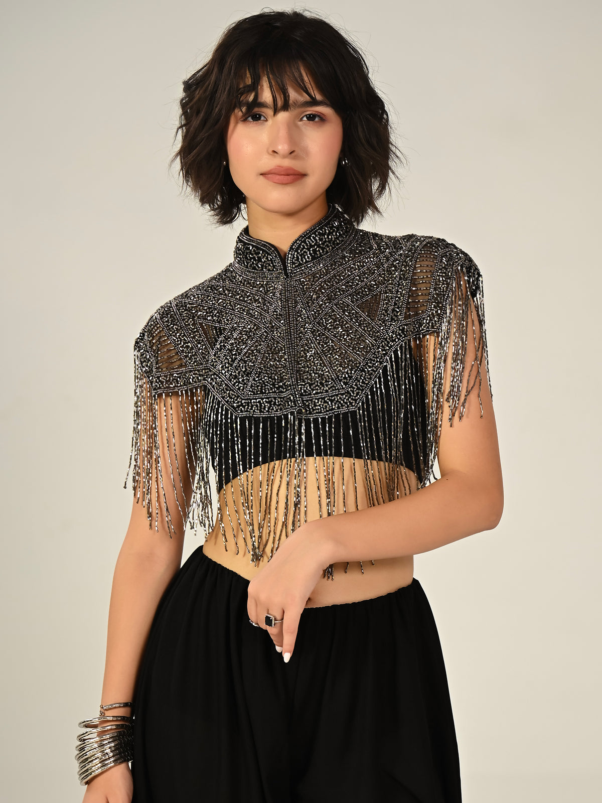 Bonnie Hand Embellished Black Silver Fringe Cape Top