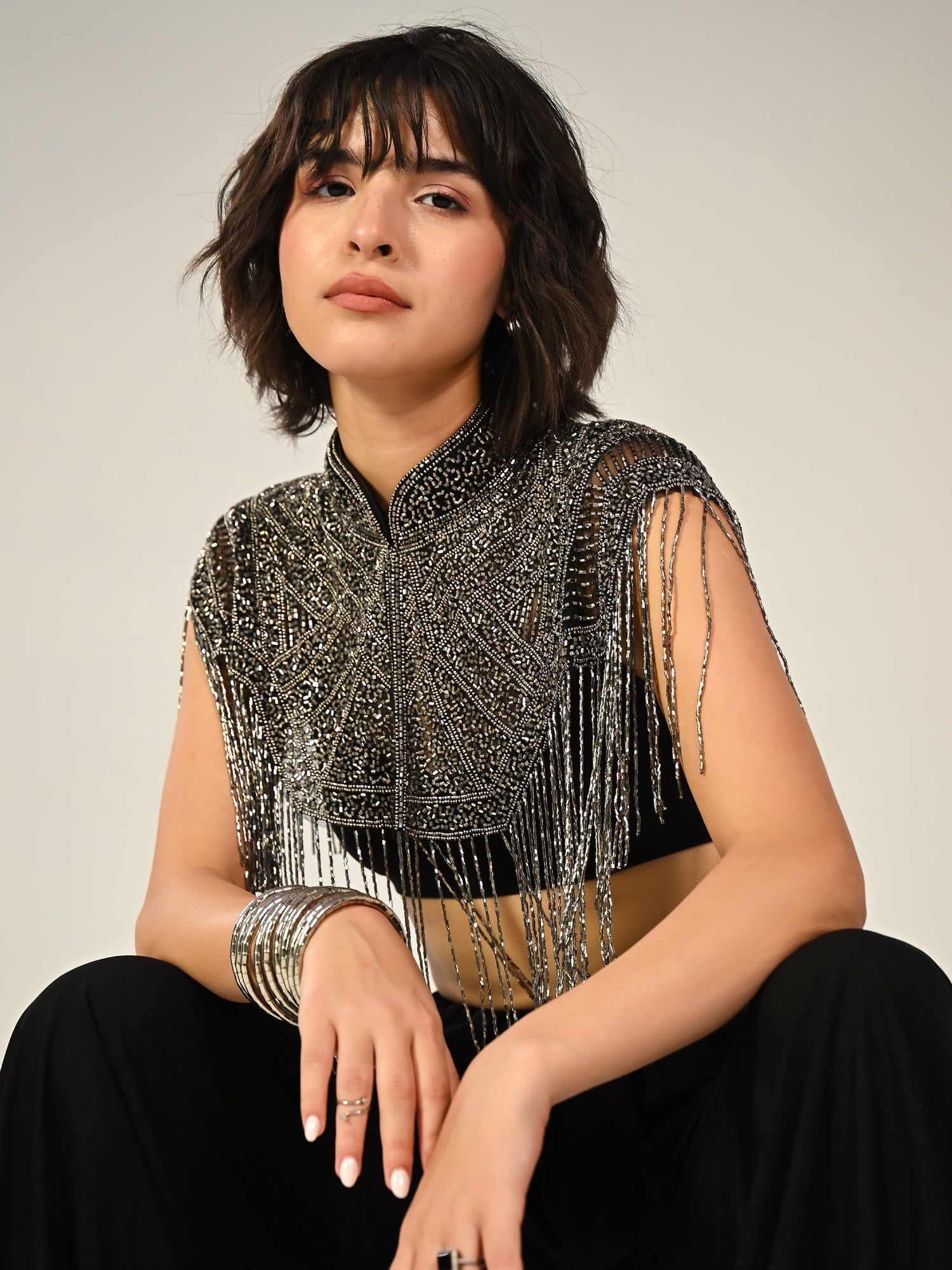 Bonnie Hand Embellished Black Silver Fringe Cape Top