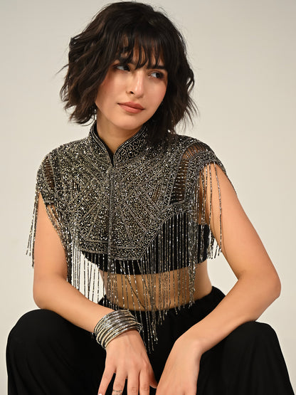 Bonnie Hand Embellished Black Silver Fringe Cape Top