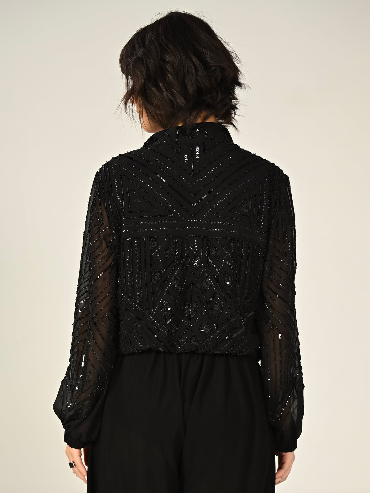 Briar Black Hand Embellished Funnel Neck Bomber Jacket