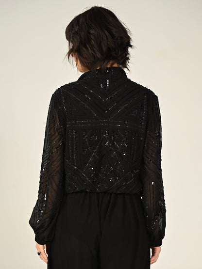 Briar Black Hand Embellished Funnel Neck Bomber Jacket
