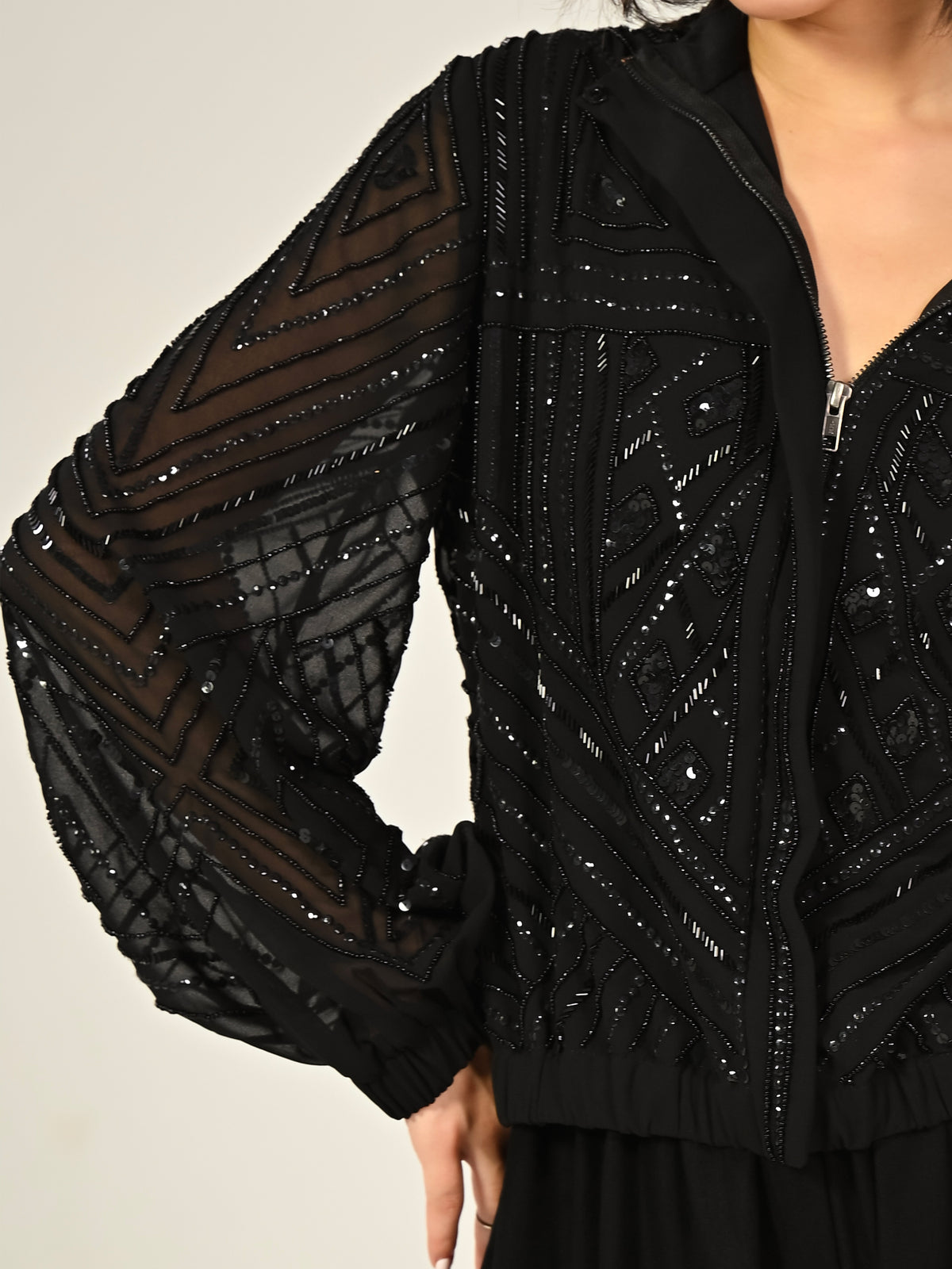 Briar Black Hand Embellished Funnel Neck Bomber Jacket