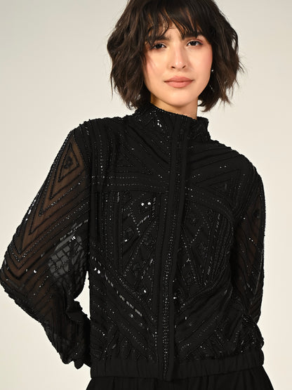 Briar Black Hand Embellished Funnel Neck Bomber Jacket