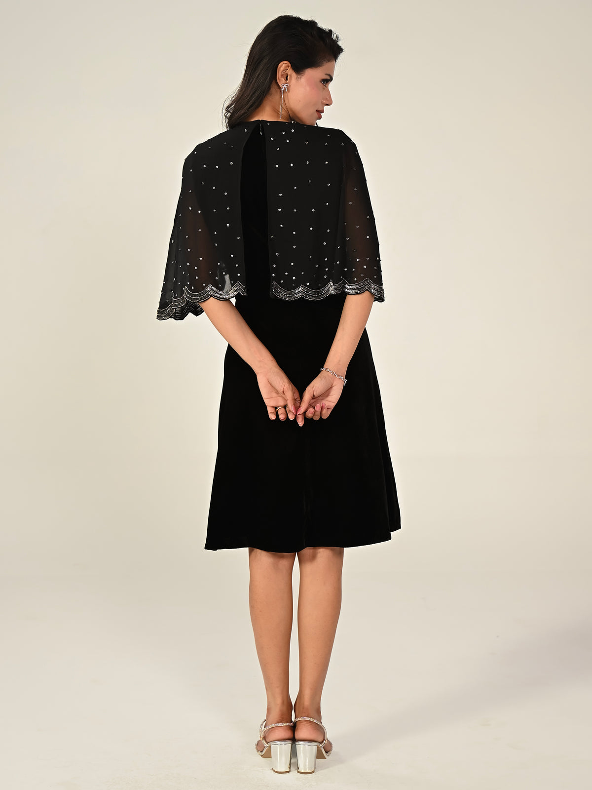 Heidi Black Velvet Hand Embroidered Cape Mini Dress