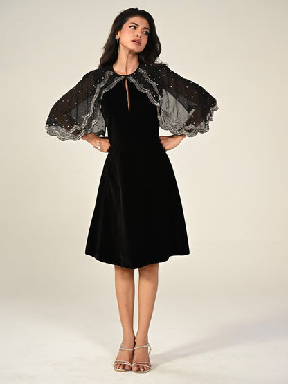 Heidi Black Velvet Hand Embroidered Cape Mini Dress