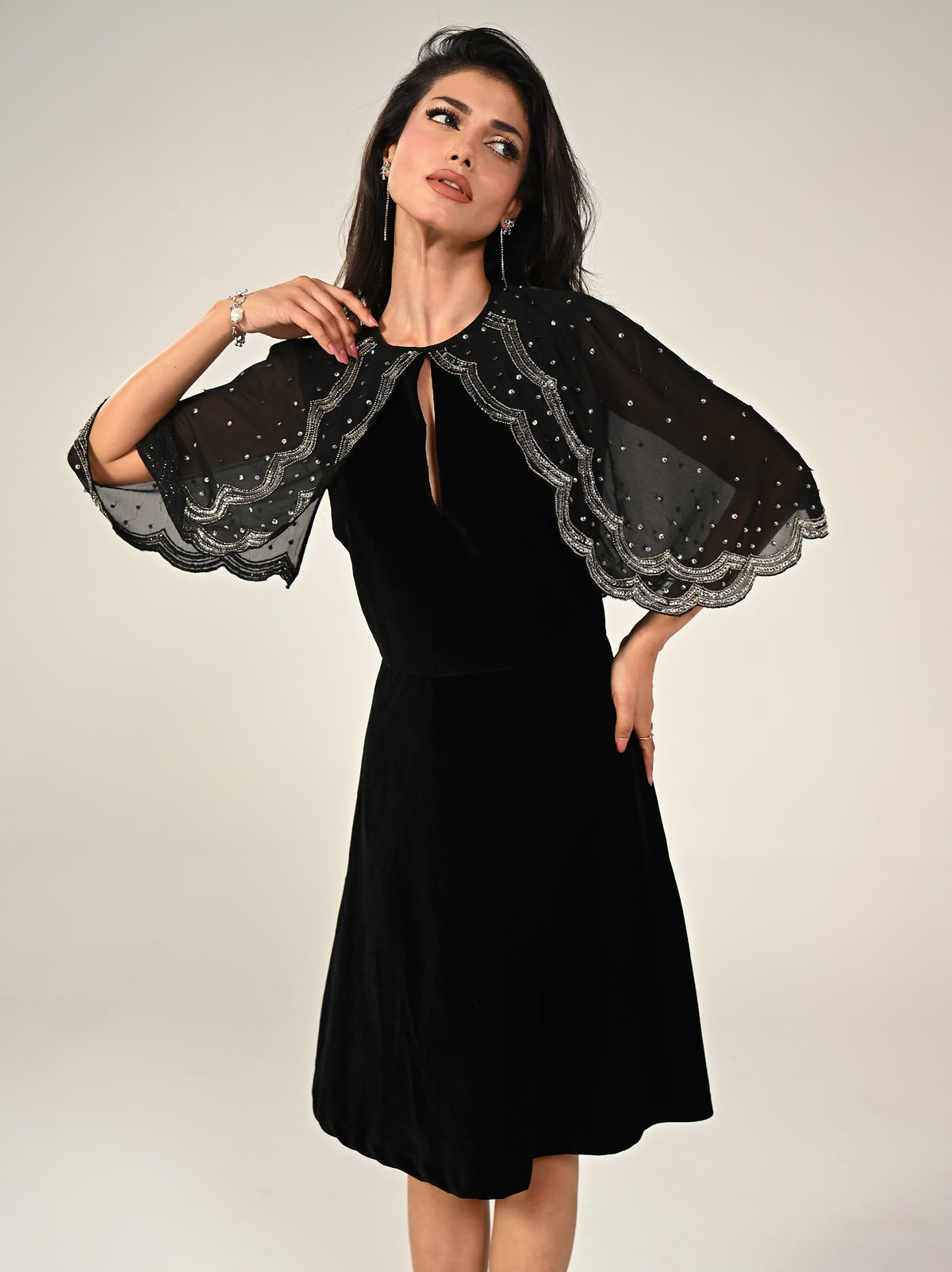 Heidi Black Velvet Hand Embroidered Cape Mini Dress