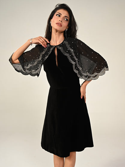 Heidi Black Velvet Hand Embroidered Cape Mini Dress