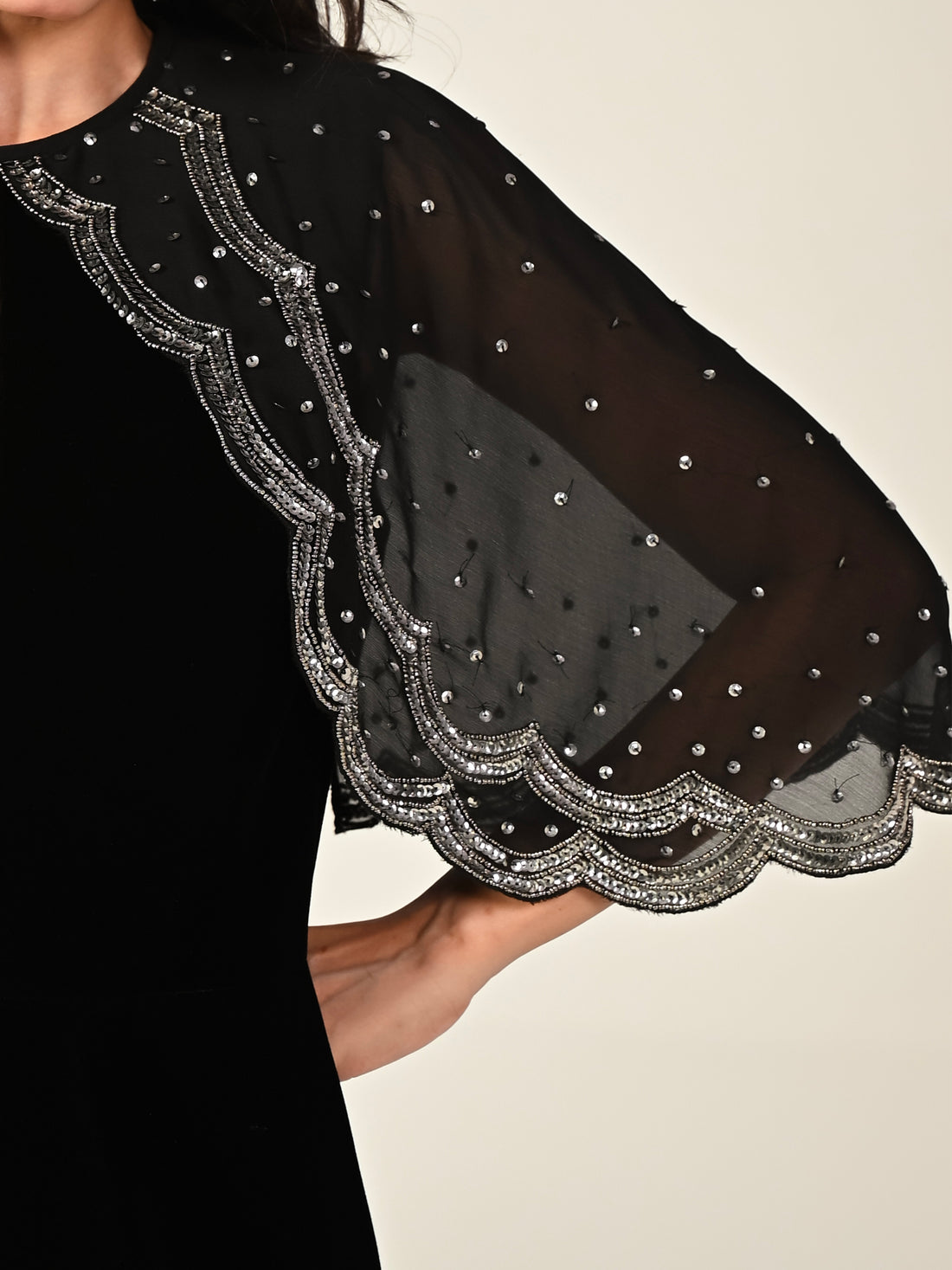 Heidi Black Velvet Hand Embroidered Cape Mini Dress
