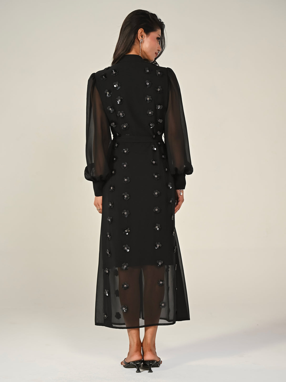 Morena Black Hand Embellished Midi Shirt Dress