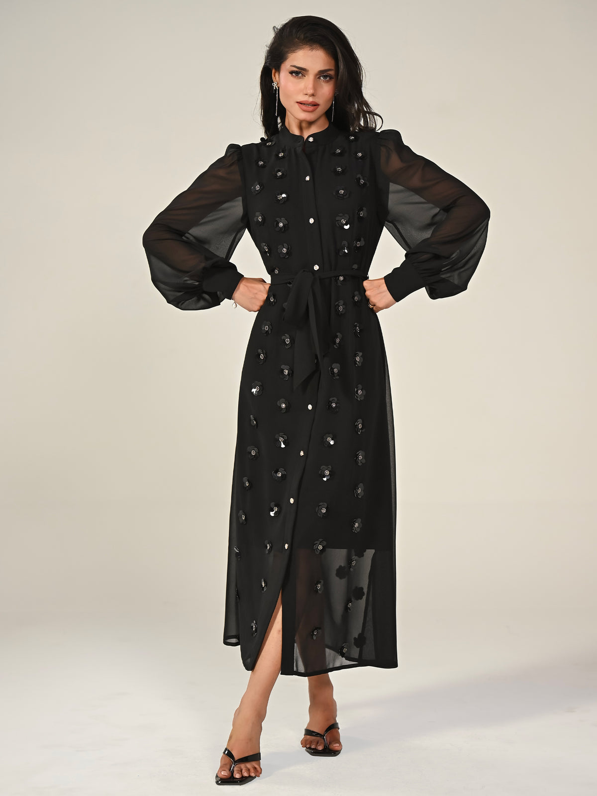 Morena Black Hand Embellished Midi Shirt Dress