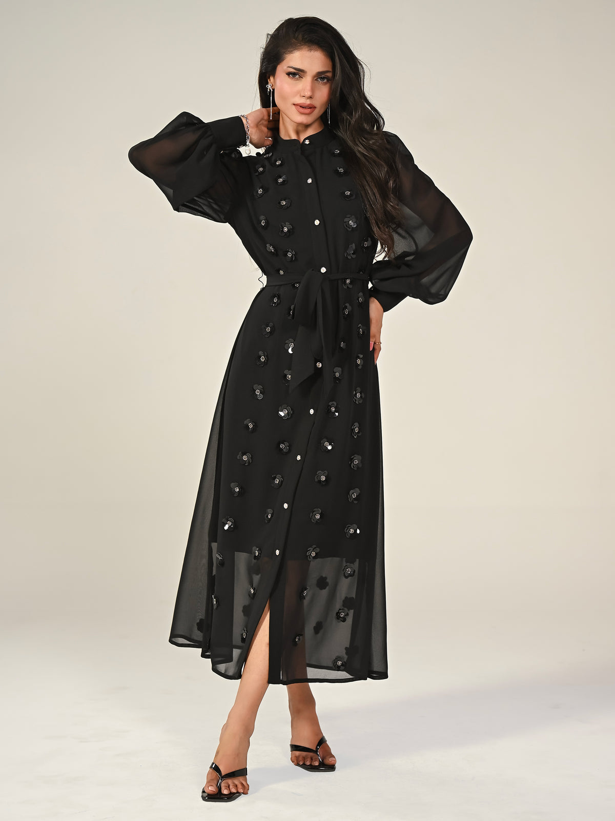 Morena Black Hand Embellished Midi Shirt Dress