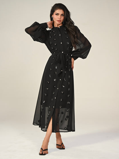 Morena Black Hand Embellished Midi Shirt Dress