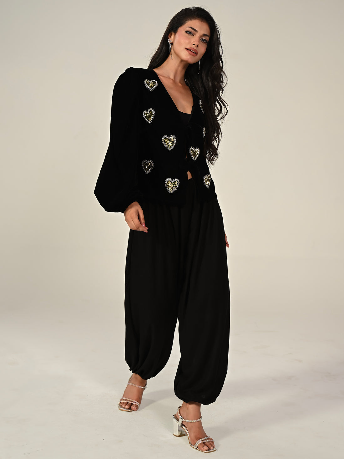 Rosheen Black Velvet Hand Embellished Heart Tie Front Top