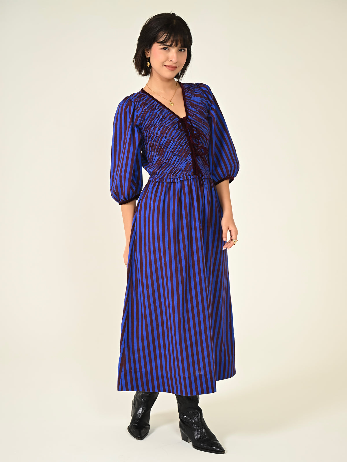 Isla Hand Smocked Blue And Burgundy Stripe Midi Dress