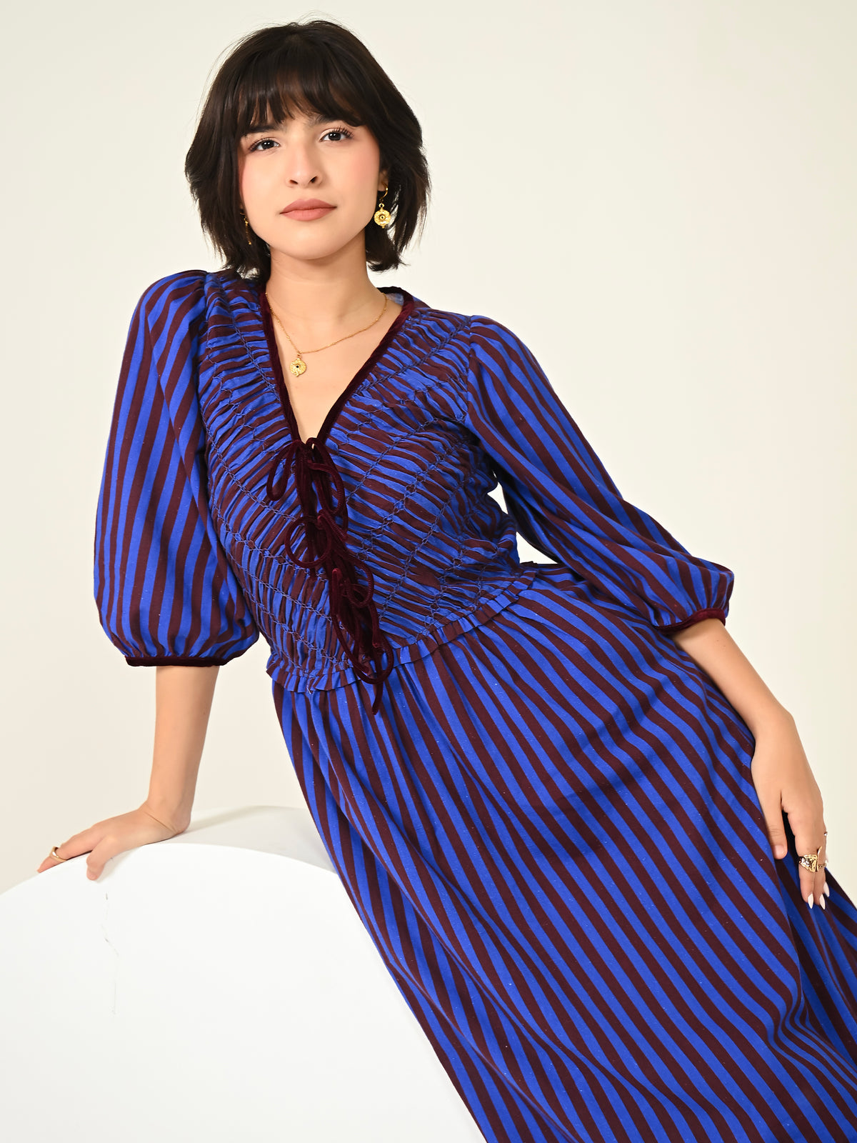 Isla Hand Smocked Blue And Burgundy Stripe Midi Dress