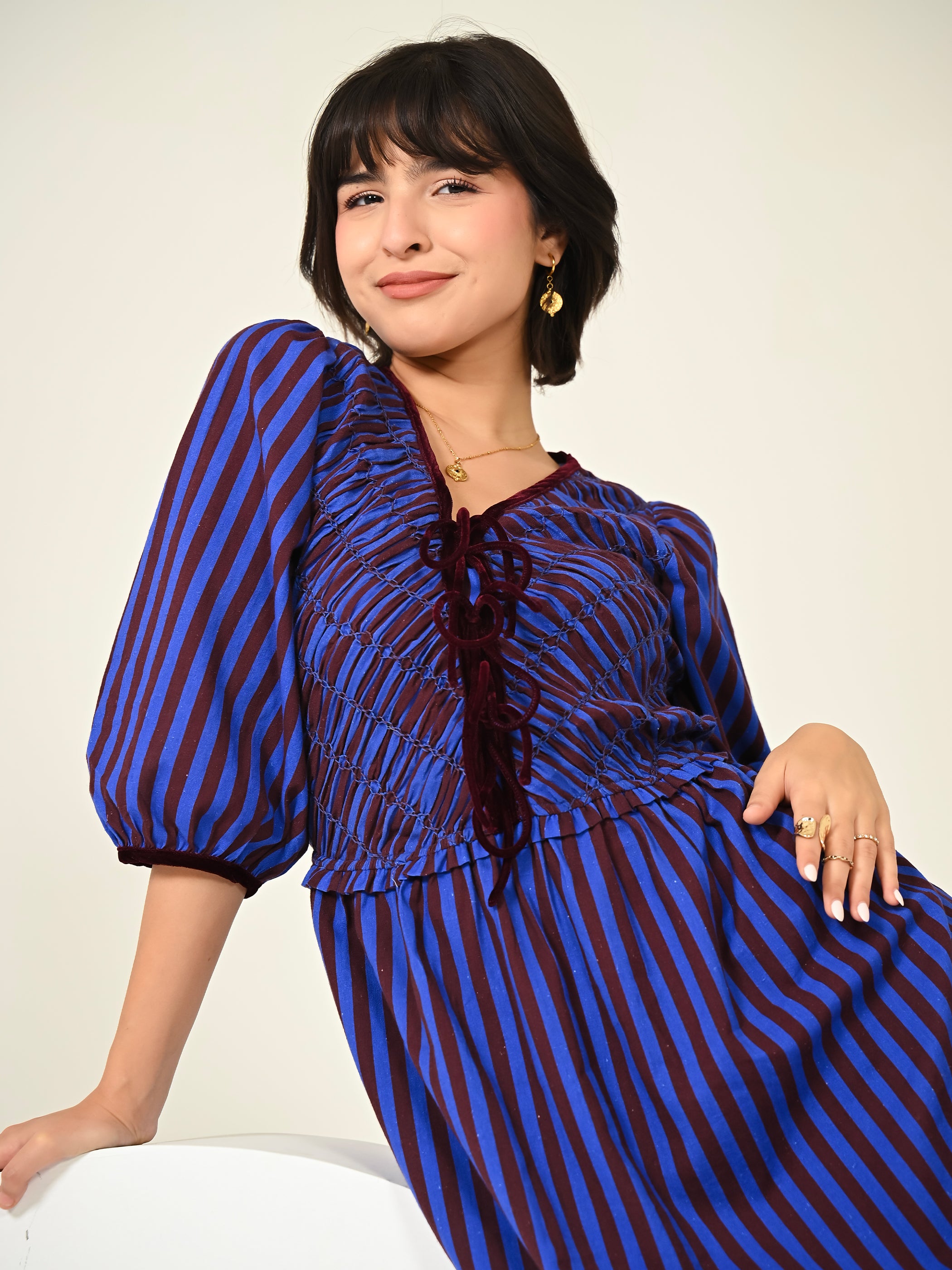 Isla Hand Smocked Blue And Burgundy Stripe Midi Dress
