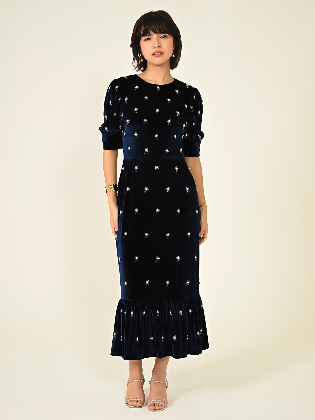 Stevie Navy Velvet Hand Embellished Midi Dress
