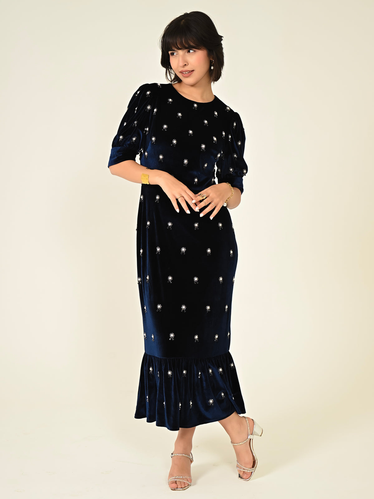 Stevie Navy Velvet Hand Embellished Midi Dress
