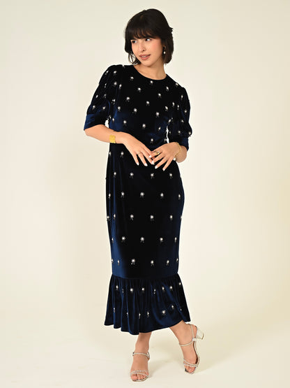 Stevie Navy Velvet Hand Embellished Midi Dress