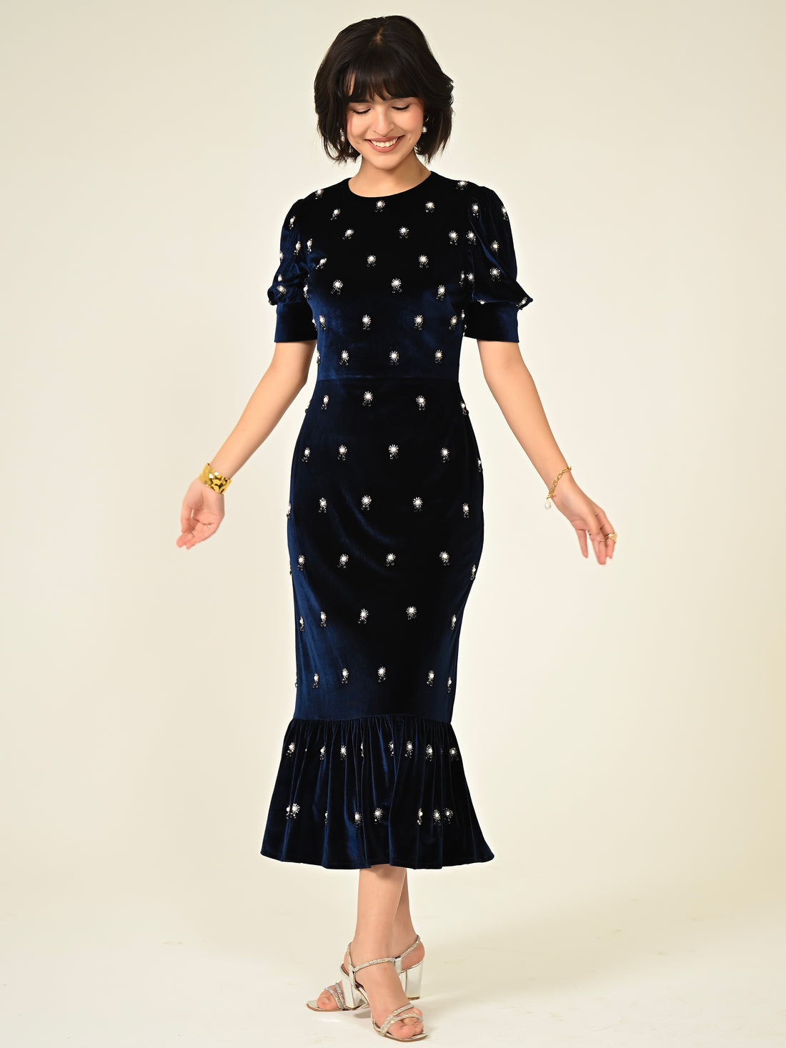 Stevie Navy Velvet Hand Embellished Midi Dress