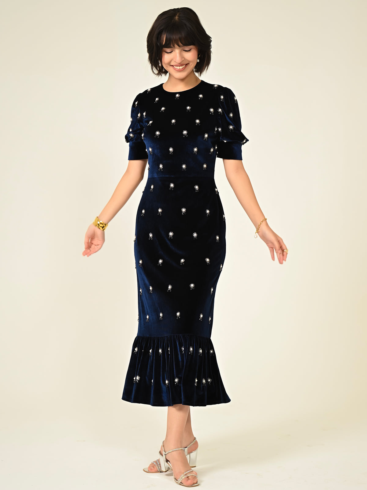 Stevie Navy Velvet Hand Embellished Midi Dress