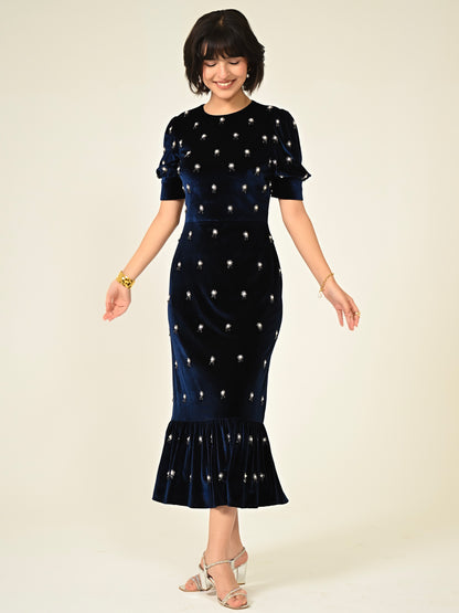 Stevie Navy Velvet Hand Embellished Midi Dress