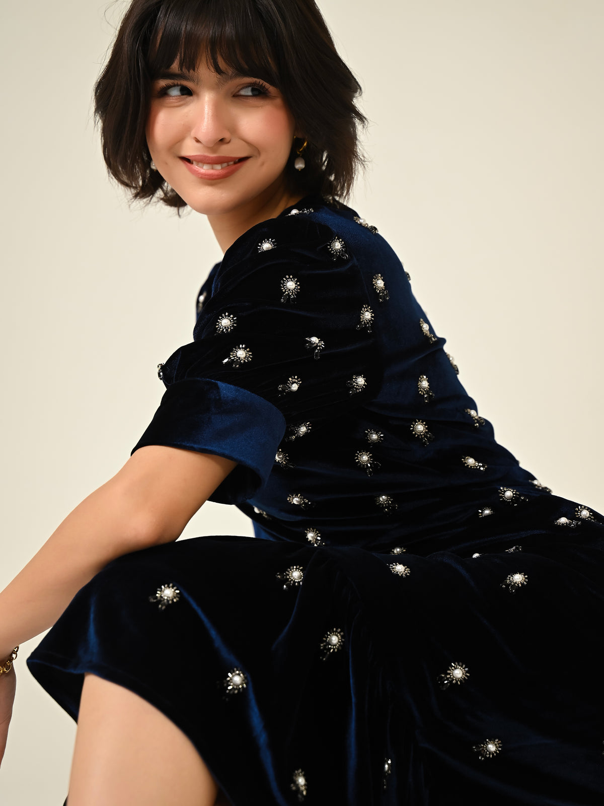 Stevie Navy Velvet Hand Embellished Midi Dress