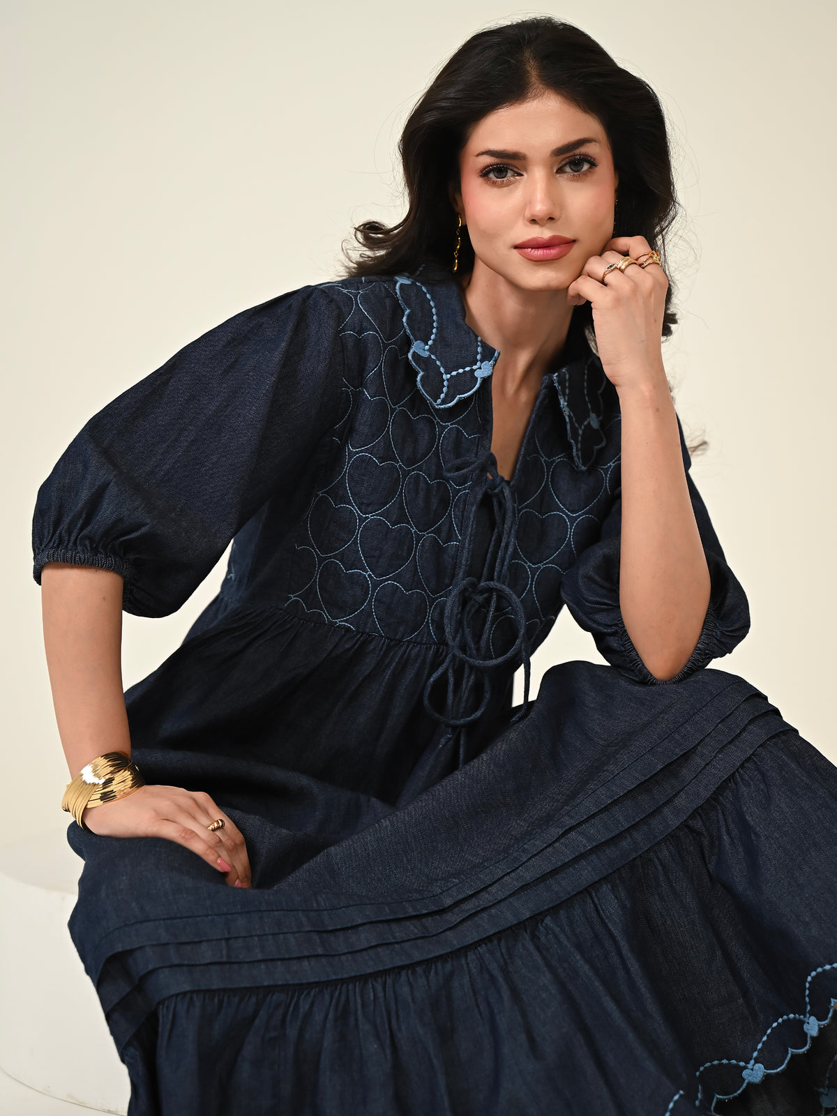 Jay Indigo Denim Embroidered Midi Dress